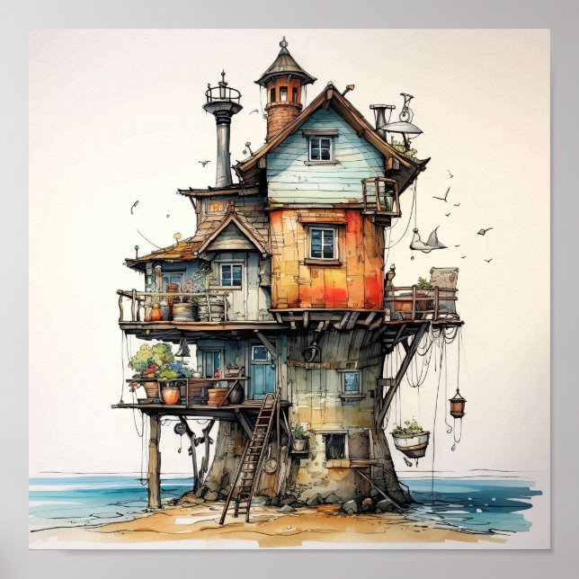 Quirky Seaside Shack Art Poster (Front)