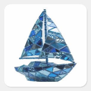 Quirky Silver BLUE GLASS SAILBOAT Square Sticker