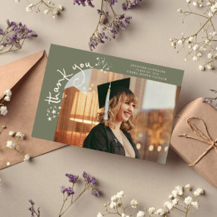 Quirky Stars Sage Green Grad Photo Thank You Announcement
