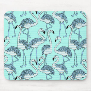 Quirky Striped Turquoise Flamingos Pattern Mouse Mat