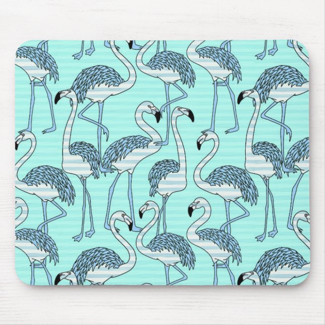 Quirky Striped Turquoise Flamingos Pattern Mouse Mat (Front)