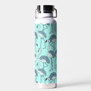 Quirky Striped Turquoise Flamingos Pattern Water Bottle