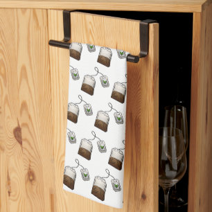 Quirky Tea Bag Pattern on White Tea Towel