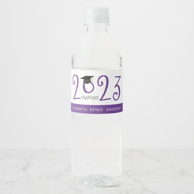 Quirky text, 2017 Graduate in Purple and White Water Bottle Label (Front)