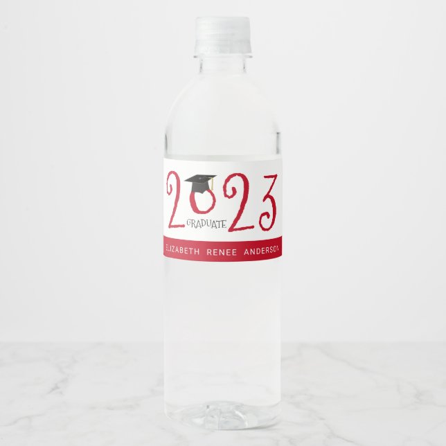 Quirky Text, 2017 Graduate in Red and White Water Bottle Label (Front)