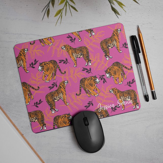 Quirky Tiger Pattern on Bright Pink Mouse Mat (You'll just go totally wild for this “roarsome” tiger pattern on pink, mouse pad.)