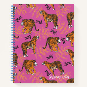 Quirky Tiger Pattern on Bright Pink Notebook