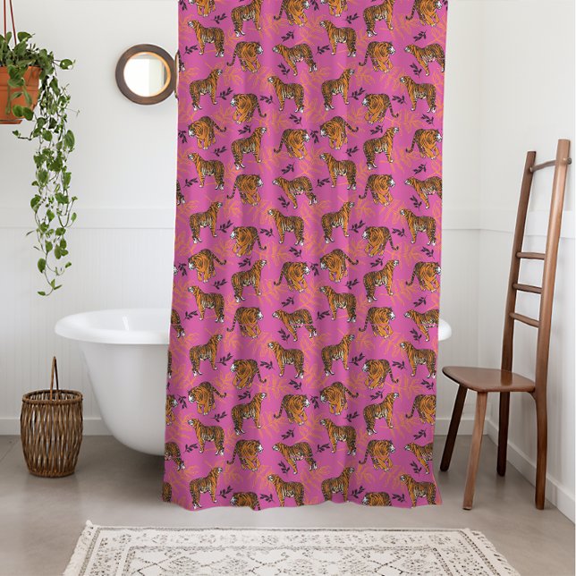 Quirky Tiger Pattern on Bright Pink Shower Curtain (You'll just go absolutely wild for this “roarsome” tiger pattern on pink shower curtain)