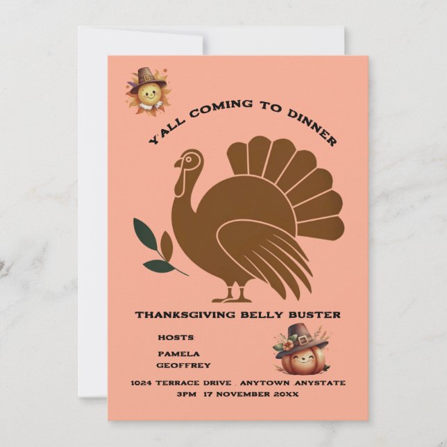 Quirky Turkey Festive Thanksgiving Dinner Invitation (Front)