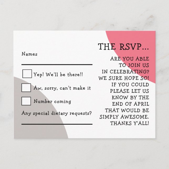 Quirky Typography Rose Pink Grey Wedding RSVP Postcard (Front)