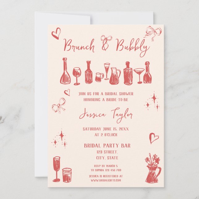 Quirky Unique  Hand Drawn Bridal Brunch and Bubbly Invitation (Front)