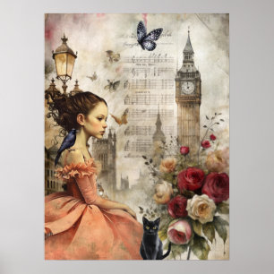 Quirky Victorian Gothic Girl & Florals London Poster