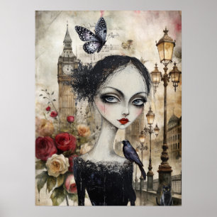 Quirky Victorian Gothic Girl & Florals London Poster