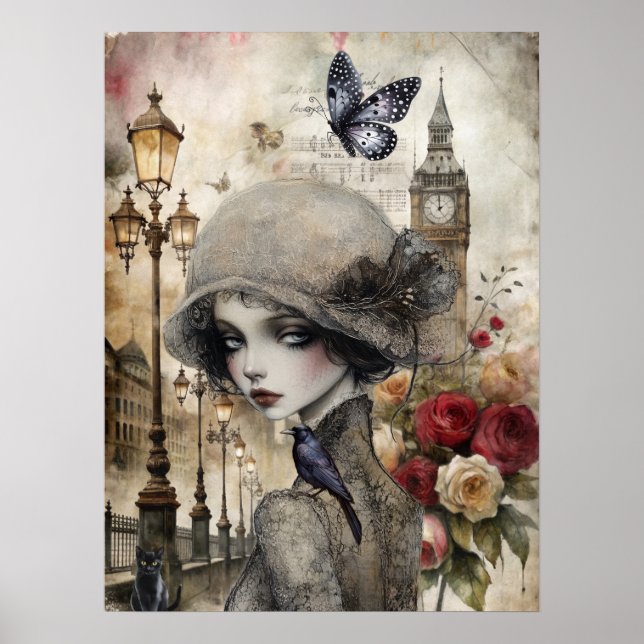 Quirky Victorian Gothic Girl & Florals London Poster (Front)