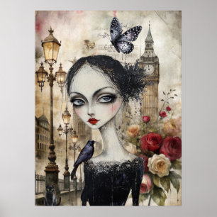 Quirky Victorian Gothic Girl & Florals London Poster