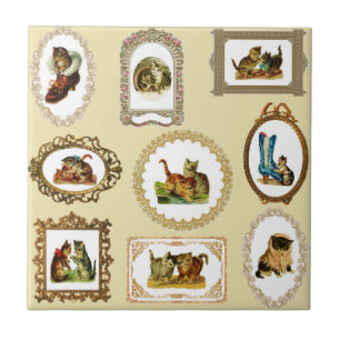 Quirky Vintage Framed Cats Pattern Tile