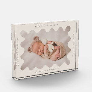 Quirky Wavy Beige Frame Newborn Keepsake Photo Block