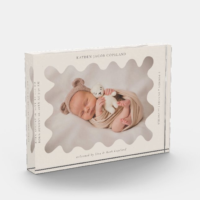 Quirky Wavy Beige Frame Newborn Keepsake Photo Block (Left)