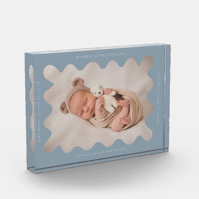 Quirky Wavy Blue Frame Newborn Keepsake Photo Block (Left)