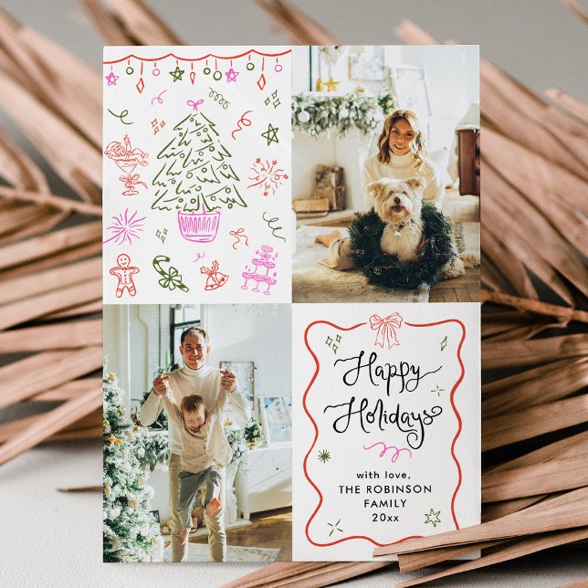 Quirky Wavy Frame Hand Drawn Happy Holidays Photo Holiday Card (Creator Uploaded)