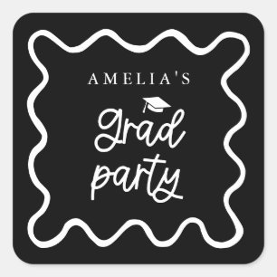 Quirky Wavy Line Black Grad Party Favour Square Sticker