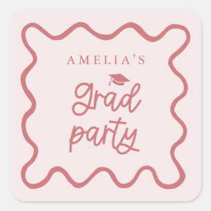 Quirky Wavy Line Blush Pink Grad Party Favor Square Sticker
