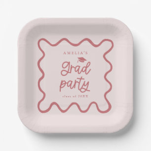 Quirky Wavy Line Blush Pink Grad Party Paper Plate