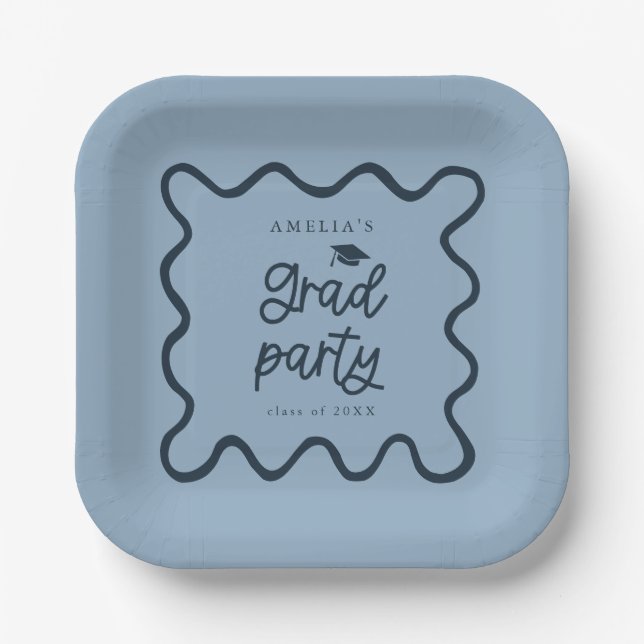 Quirky Wavy Line Navy Grad Party Paper Plate (Front)