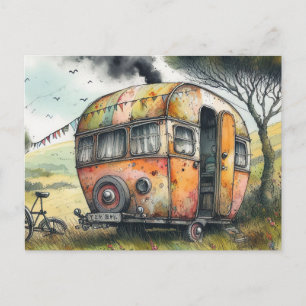 Quirky Weathered Caravan Camper Watercolor Style  Postcard