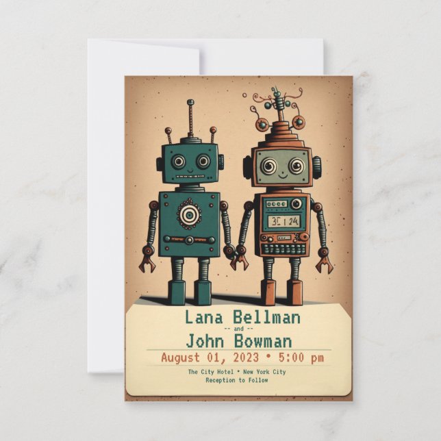 Quirky wedding invitations with robots (Front)