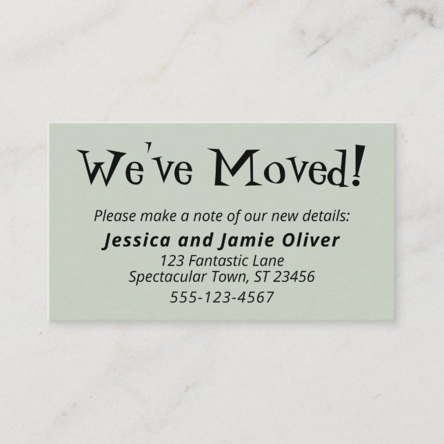 Quirky "We've Moved" Sage Green Hand-Out Cards (Front)