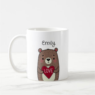 Quirky, Whimsical Bear With Heart Drawing Coffee Mug