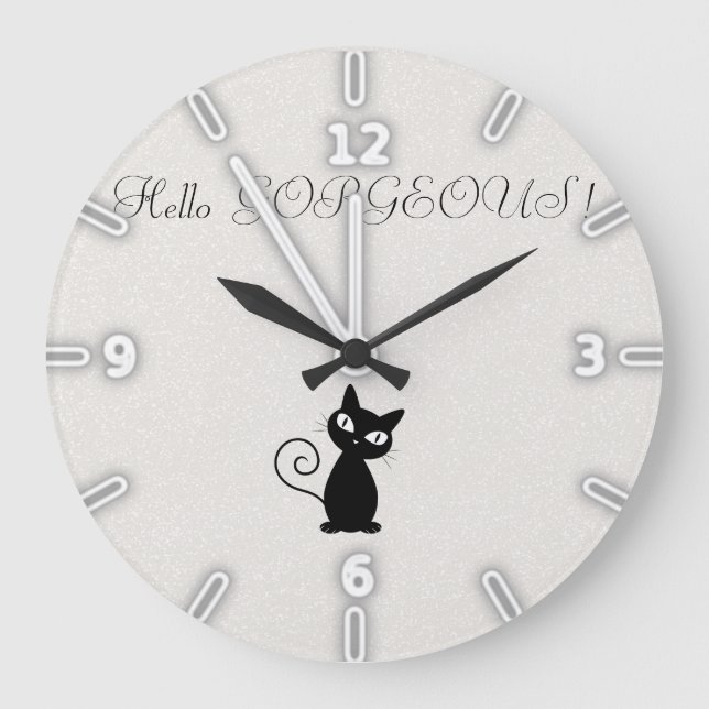 Quirky Whimsical Black Cat Glittery-Hello Gorgeous Large Clock (Front)