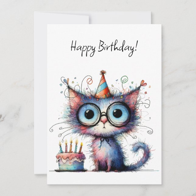 Quirky Whimsical Cat Party Hat Cake Birthday Card (Front)