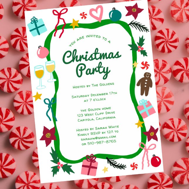 Quirky Whimsical Christmas CUSTOM Holiday Party Invitation (Quirky Whimsical Doodle Christmas CUSTOM Holiday Party Invitation
)