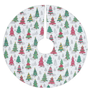 Quirky Whimsical Decorated Christmas Trees Doodles Brushed Polyester Tree Skirt
