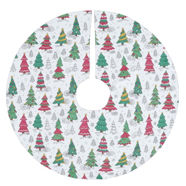 Quirky Whimsical Decorated Christmas Trees Doodles Brushed Polyester Tree Skirt (Front)