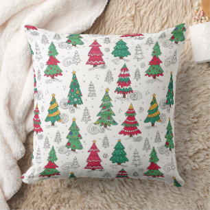 Quirky Whimsical Decorated Christmas Trees Doodles Cushion