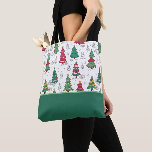 Quirky Whimsical Decorated Christmas Trees Doodles Tote Bag (Close Up)