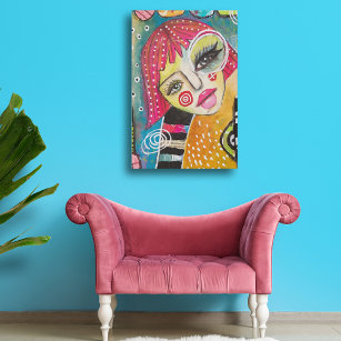 Quirky Whimsical Face Neon Pink Dopamine Decor Art Faux Canvas Print