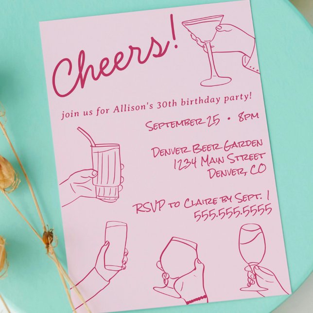 Quirky Whimsical Hand Drawn Cheers Party Invitation (pink whimsical quirky hand drawn doodle cheers adult birthday party invitation cute modern sketch)