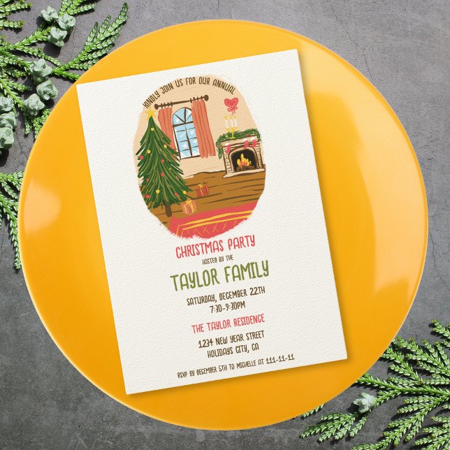Quirky Whimsical Hand Drawn Christmas Dinner Party Invitation (whimsical christmas decorated cosy room dinner party invitation)