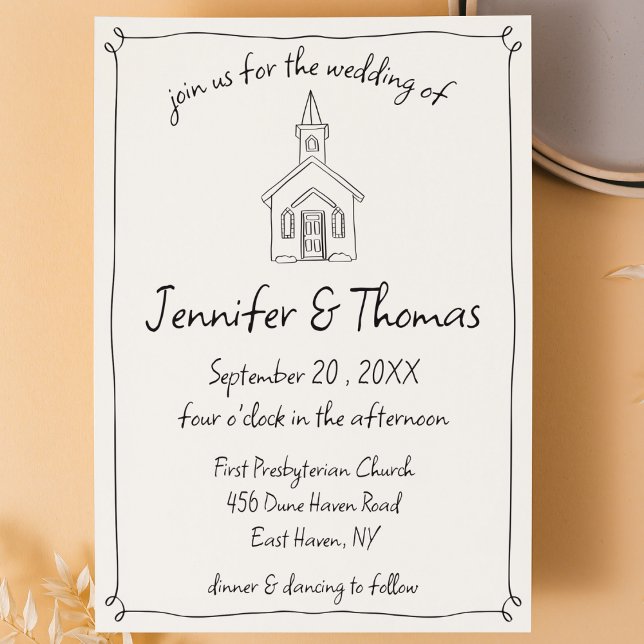 Quirky Whimsical Hand Drawn Church Doodle Wedding Invitation (quirky hand drawn doodle scribble invitation church chapel black and white whimsical wedding invite)