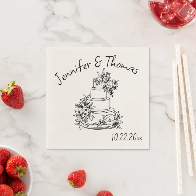 Quirky Whimsical Hand Drawn Doodle Cake Wedding Napkin (Insitu)