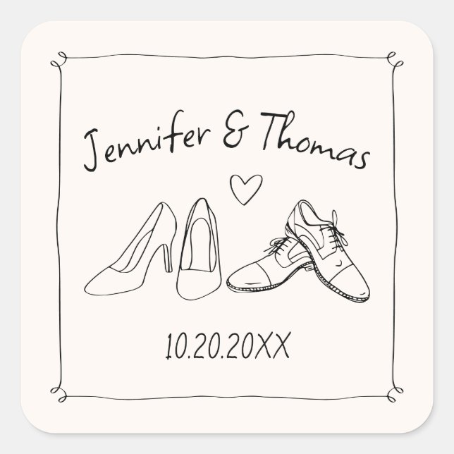 Quirky Whimsical Hand Drawn Doodle Shoes Wedding Square Sticker (Front)