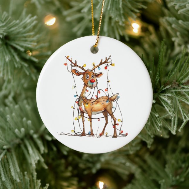 Quirky Whimsical Red Nosed Reindeer with Lights Ceramic Tree Decoration (Tree)
