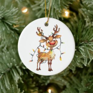 Quirky Whimsical Reindeer with Tree Lights Ceramic Tree Decoration