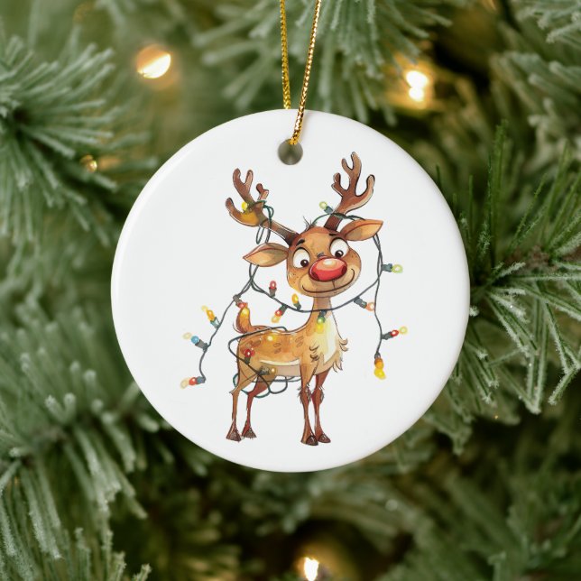 Quirky Whimsical Reindeer with Tree Lights Ceramic Tree Decoration (Tree)