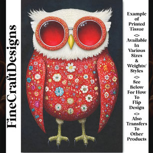 Quirky Whimsy Red Floral Owl & Specs BT7 Decoupage Tissue Paper