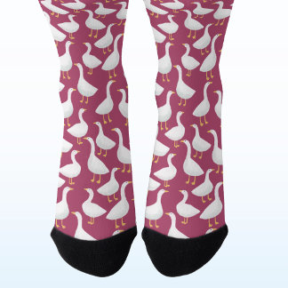 Quirky White Goose Berry Red Cottagecore Pattern Socks
